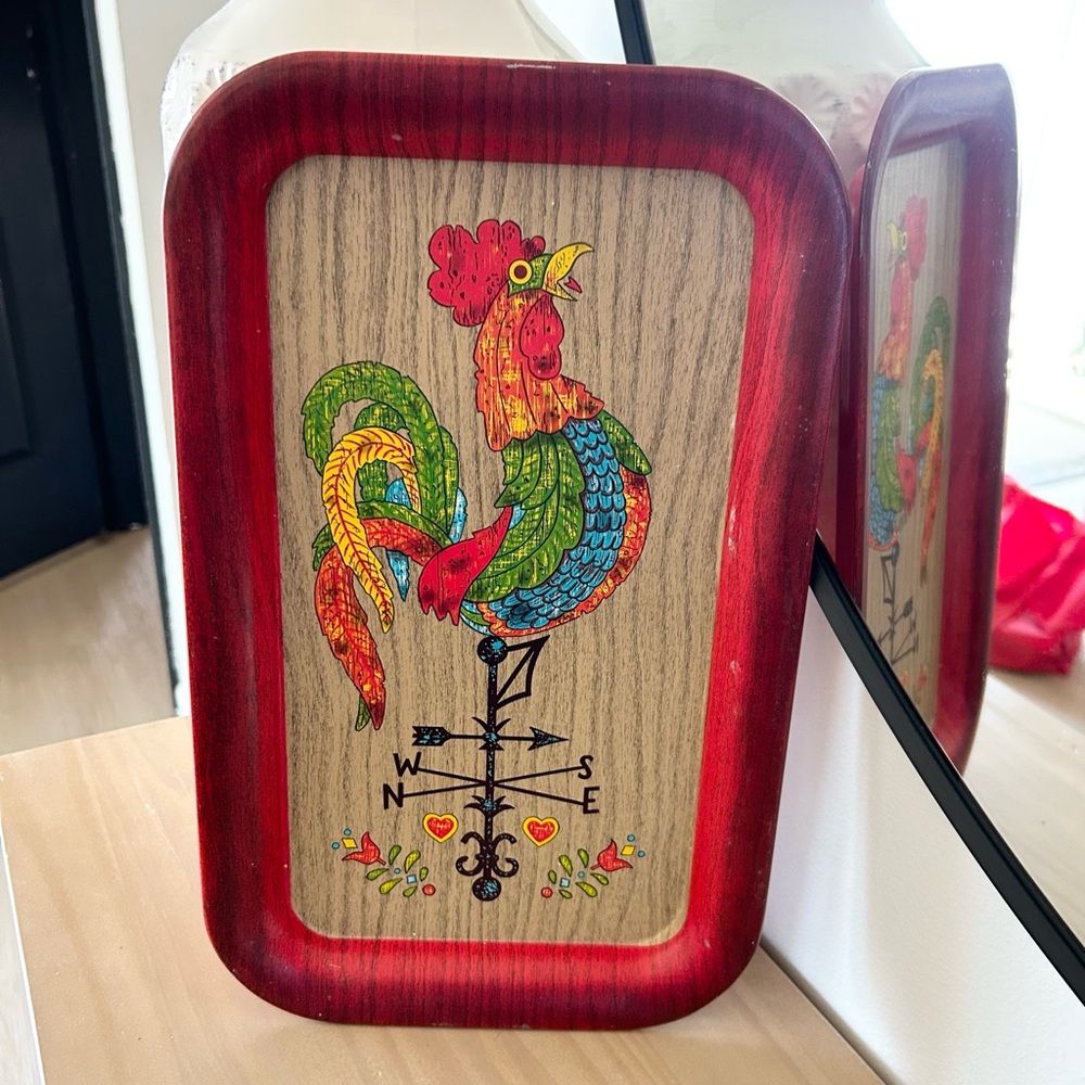 Vintage Colorful Rooster Metal Tray Mid Century Folk Art